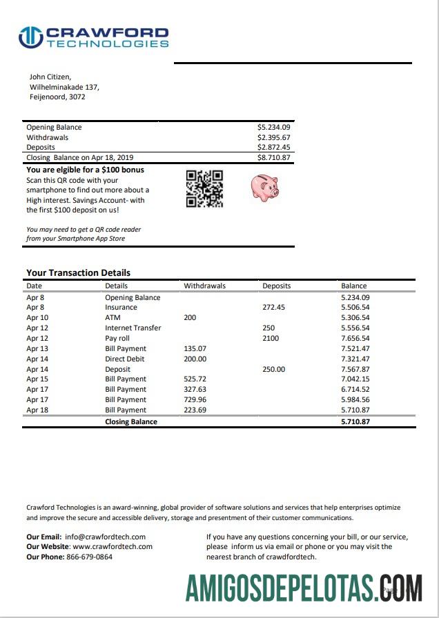 Holanda (Holanda) para impressão Modelo de extrato bancário da Crawford Technologies em formato Word e PDF